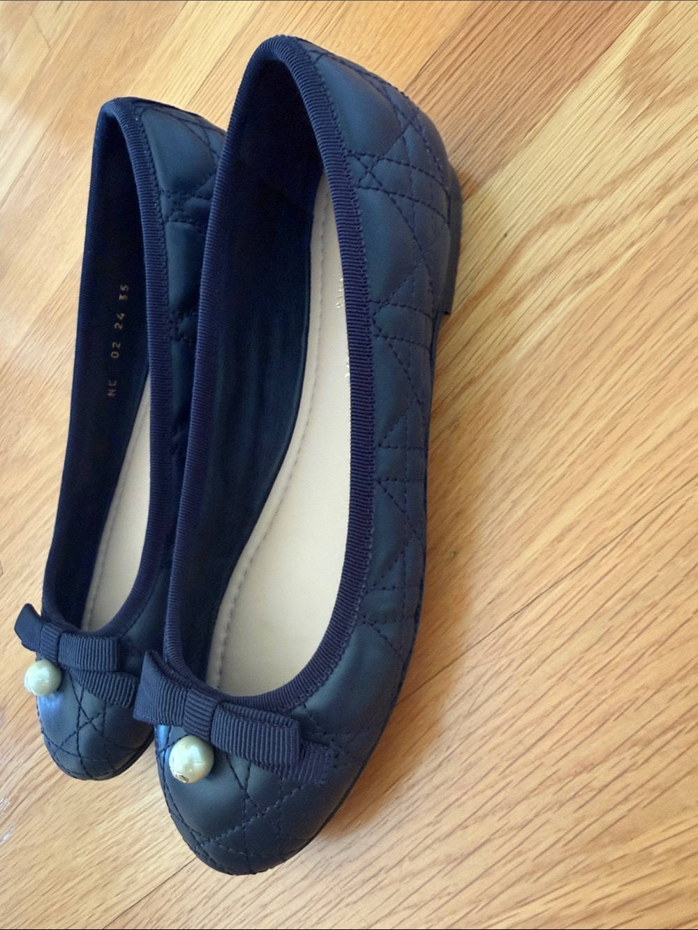 Dior Navy Quilted Ballet Flats with Bow and Pearl - Picture 6 of 11